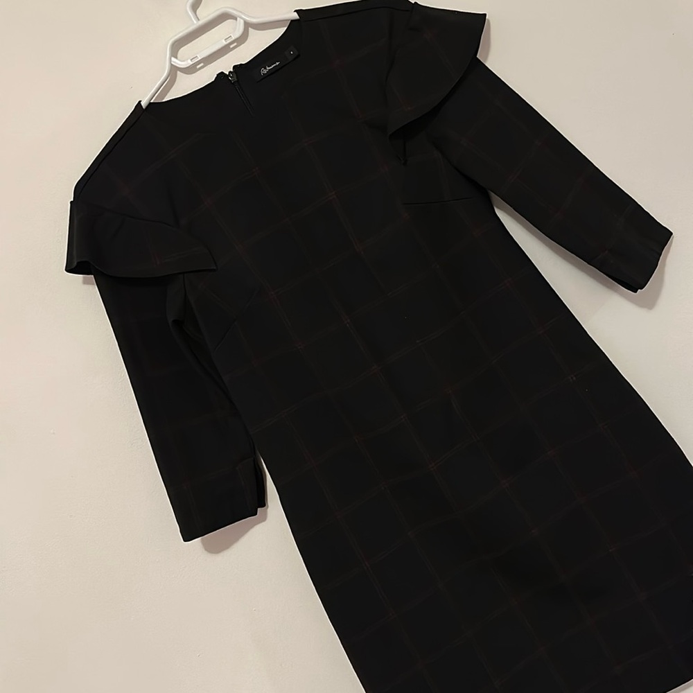 Reitmans black and burgundy stripes work dress with cute ruffles